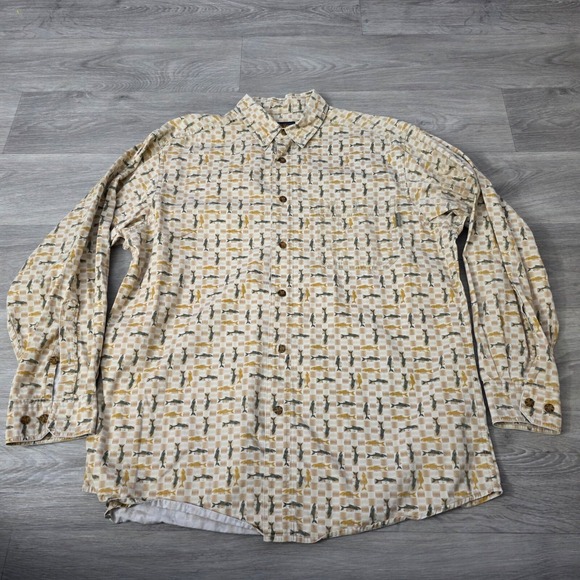 Woolrich Other - Woolrich Fish Print Button Up Long‎ Sleeve Outdoor Shirt Beige Size L